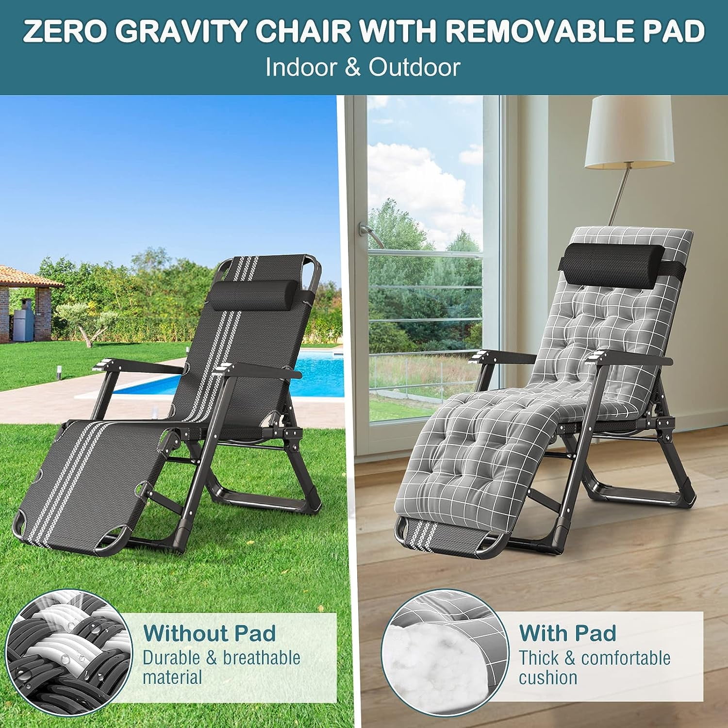 Slsy 3 in 1 Folding Chaise Lounge Chair with Detachable Cushion