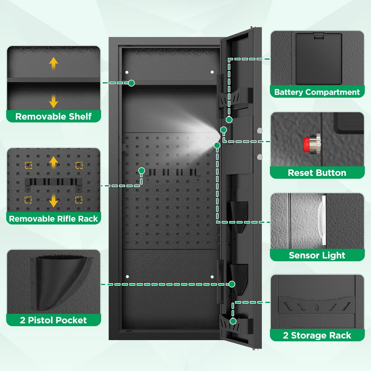 BESAFETY 12-15 Gun Cabinet, Quick Access Long Gun Safe for Home Rifles and Pistols, Large Unassembled Rifle Safe with Removable Shelves, Pegboard
