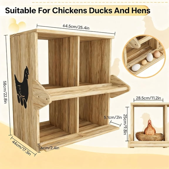Chicken Nesting Box, 4 Compartment Wooden Nesting Boxes for Chickens with Perches, Floor/Stand/Wall Mount Large Chicken Nesting Boxes for Small & Medium Poultry