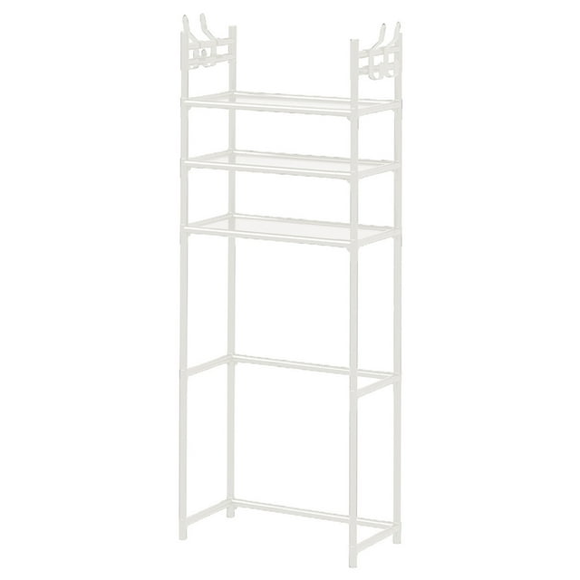 3-Layer Over-Toilet Storage Rack - Rustproof Bathroom Shelving Unit for Towels, Toiletries (151x60x26cm). A white, freestanding storage rack made of rustproof iron with three spacious shelves. Designed to fit over toilets or washing machines, it provides space-saving organization for toiletries, towels, and other bathroom essentials. Features a sturdy, waterproof coating for durability and easy cleaning.