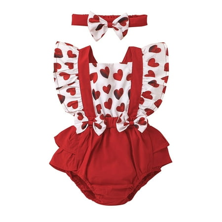 

Lieserram 3 6 9 12 18 Months Baby Girls Romper Set Fly Sleeve Square Neck Heart Print Bowknot Patchwork Romper with Hairband