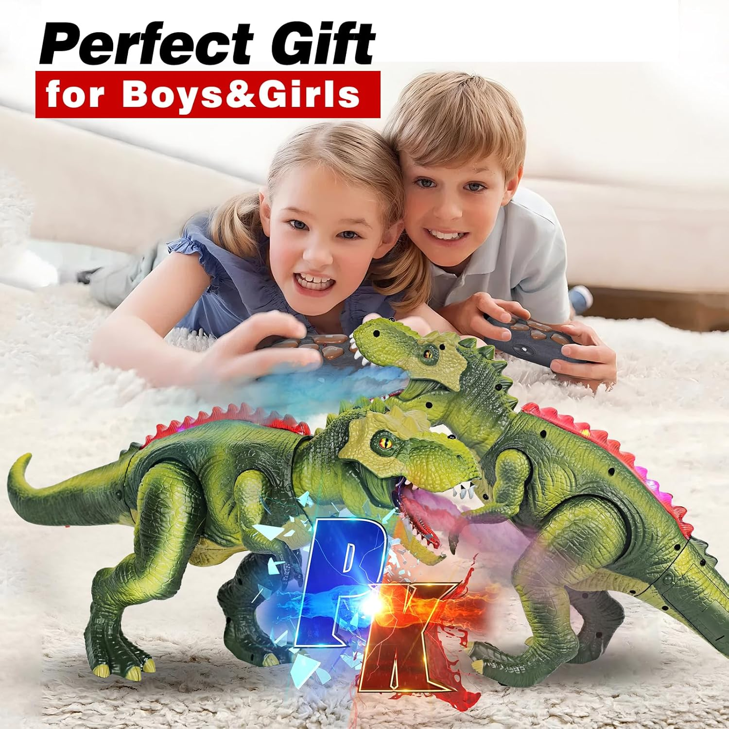 Lvelia Remote Control Dinosaur Toys for Kids,Electronic Interactive Walking Dancing 7 Color Sprays Robot RC Dinosaur Toy with Light & Roar,Birthday Gift for Boys Girls 3 Years+