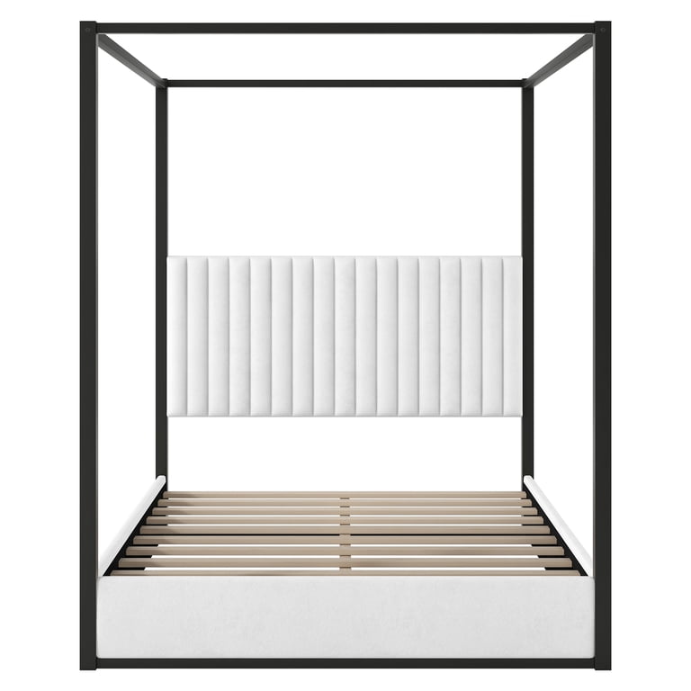 Euroco Queen Canopy Platform Bed with Upholstered Headboard, White photo 8