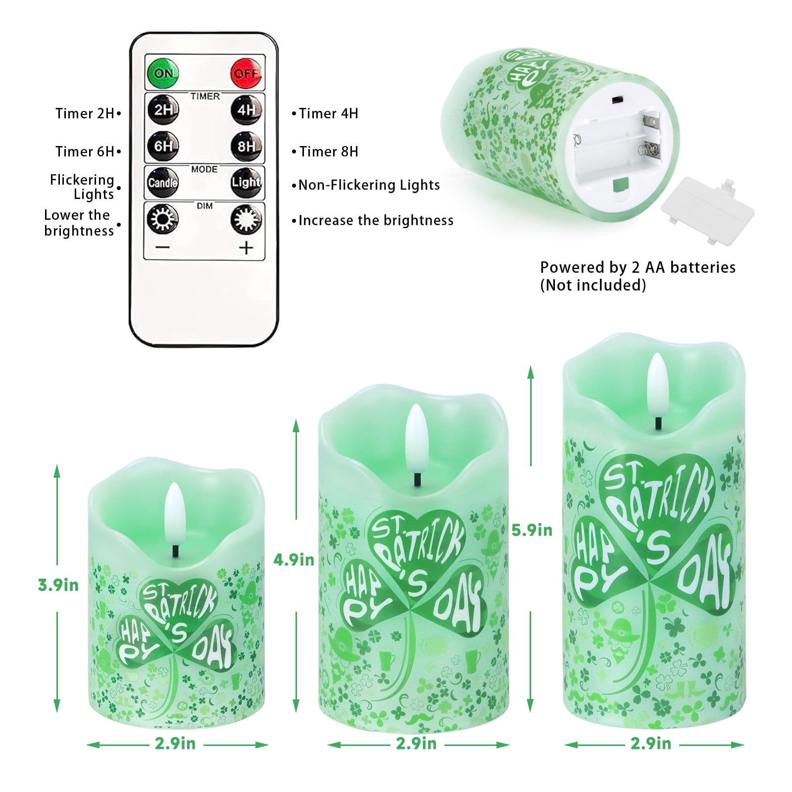 St. Patrick's Day Flameless Candles, Set of 3 Flickering Shamrock LED Candles with Remote & Timer, Dimmable Electric Pillar Candles Battery Operated, Green Candles for Home St. Patrick's Day Decor