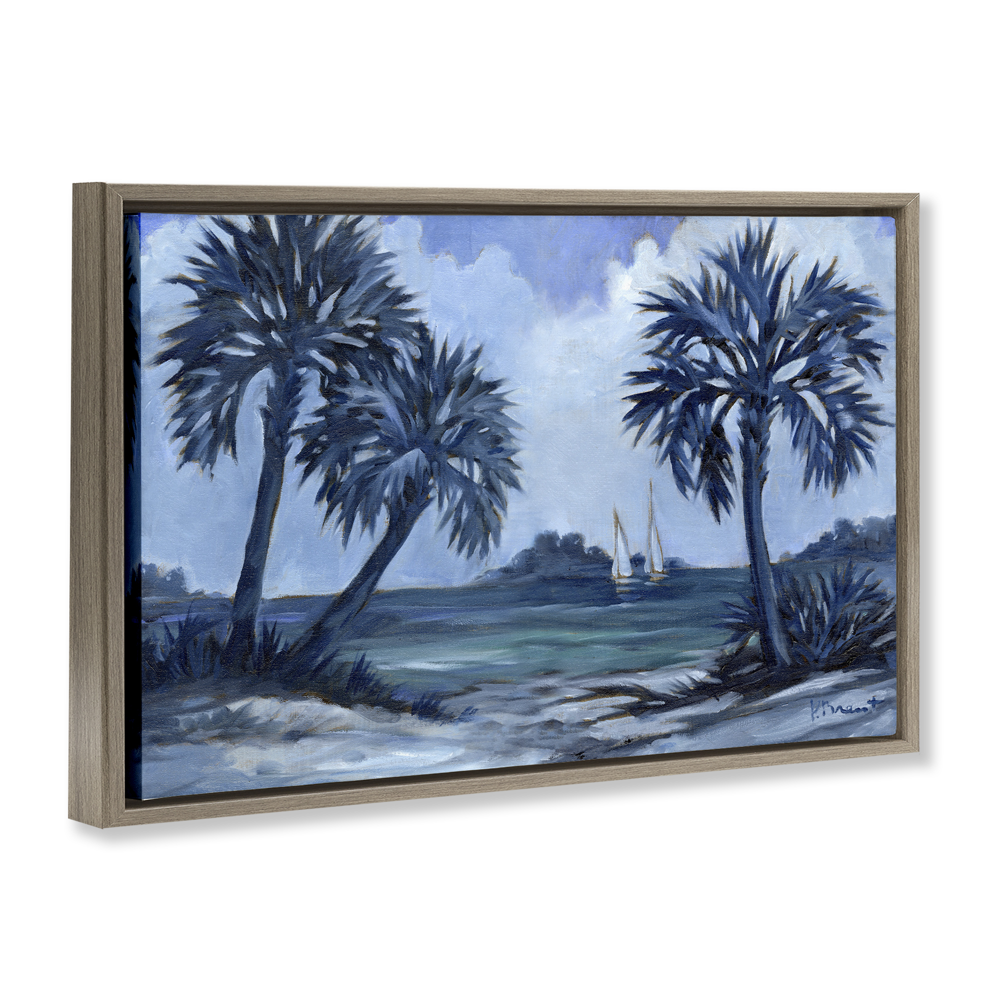 Stupell Industries Indigo Palms Impressions Landscape Painting Brown Floater Framed Canvas Art Print Wall Art, 25 x 17