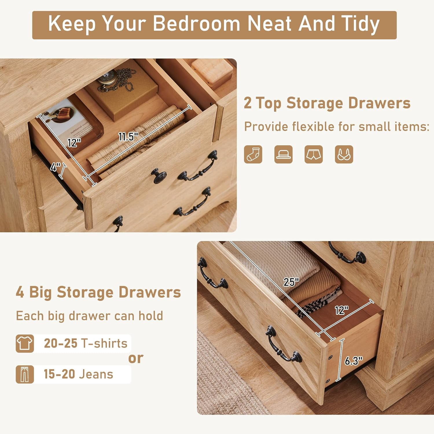 OKD 48" Tall 6 Drawers Dresser for Bedroom, Farmhouse Wooden Chest of Drawers, Closet Clothes Storage Organizer for Bedroom, Living Room, Natural Oak