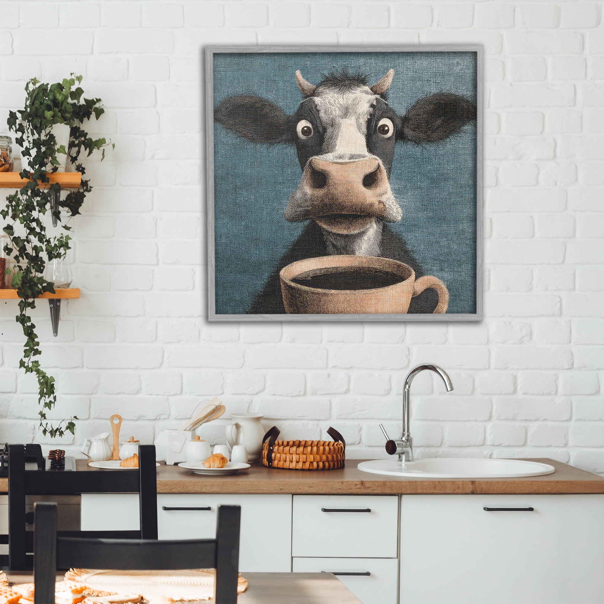Stupell Industries Grumpy Cow & Coffee Gray Framed Giclee Art, design by The Wands Want