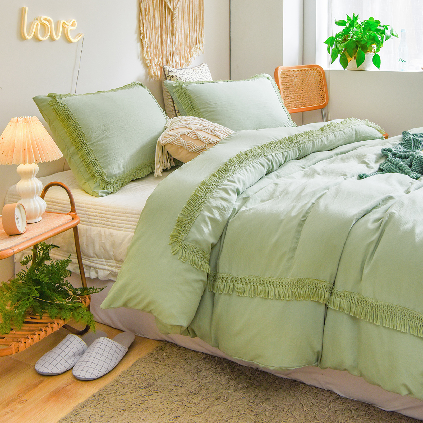 Move Over Dark Green Duvet Cover Set 2 Pieces 100% Washed Microfiber Tassel Pattern Boho Chic Bedding Twin