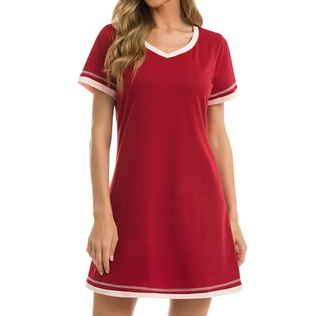 

Nightgowns for Women Women s Summer Casual Soft And Comfortable Round Neck Loose Contrast Color Short Sleeved Multi Color Nightdress Red XL