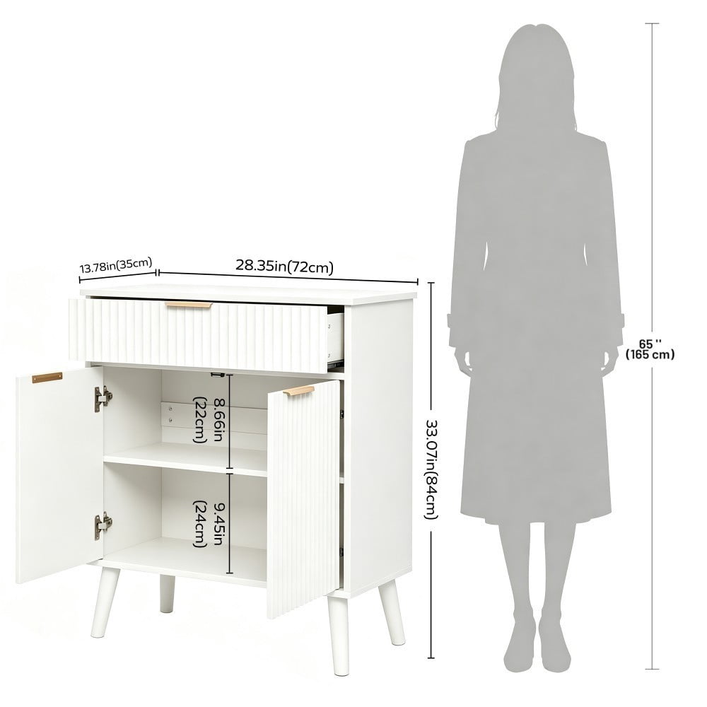 Kitchen Storage Cabinet, Buffet Cabinet with 2 Doors & Drawer, Adjustable Shelves, Wood Sideboard with Solid Wood Legs, White
