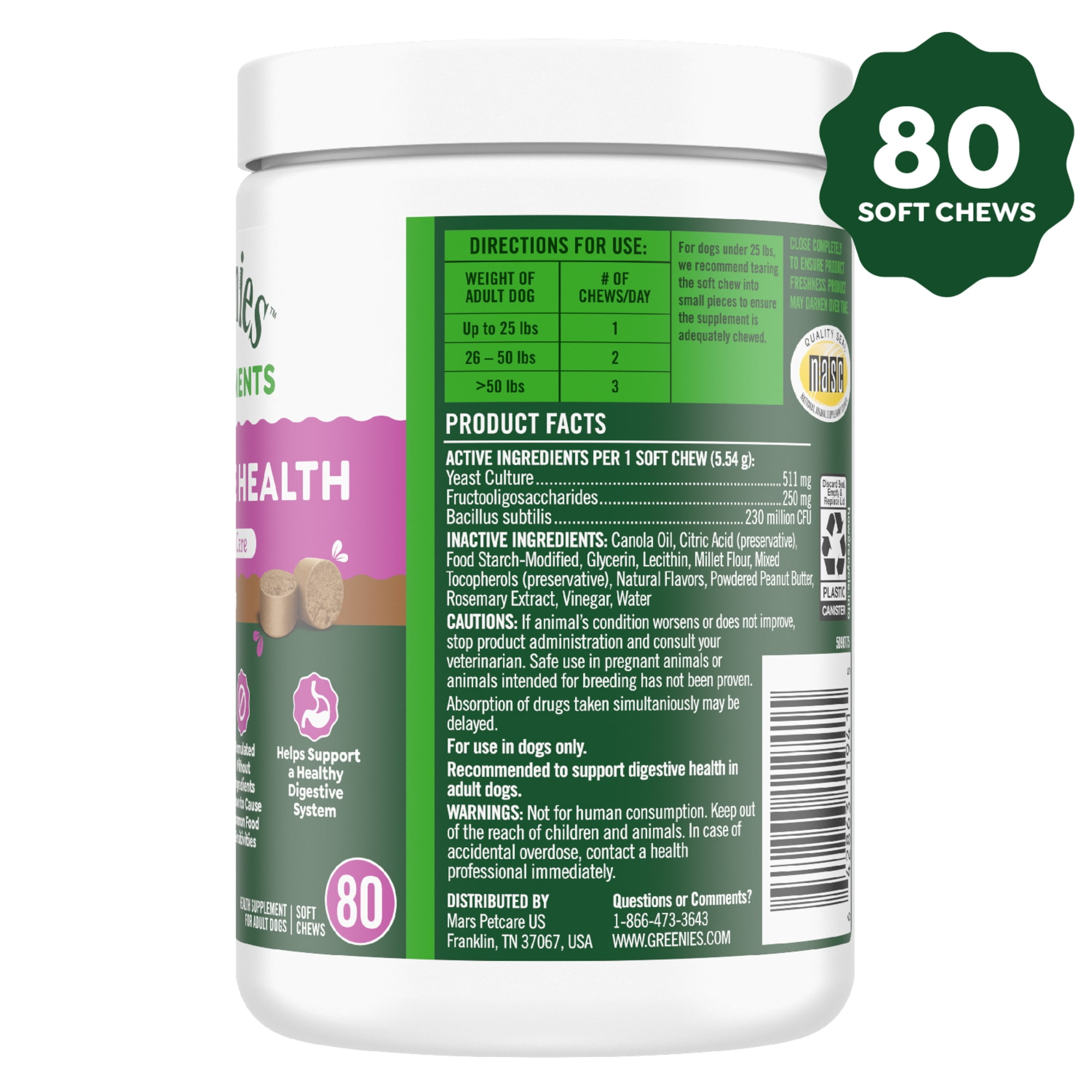 Greenies Digestive Health Sensitive Care Supplement for Dogs, Peanut Butter Flavor, 80 Count Tub