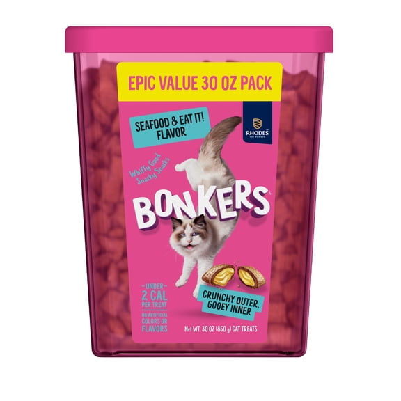 BONKERS Bites Seafood & Eat It Flavor Crunchy & Soft Treats for Cats, 30oz Tub