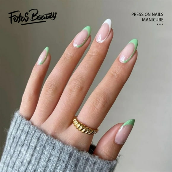 Fofosbeauty 24pcs Pressent sur de Faux Ongles Ongles d'Amande Faux Ongles, Imprimé Français Vert et Blanc