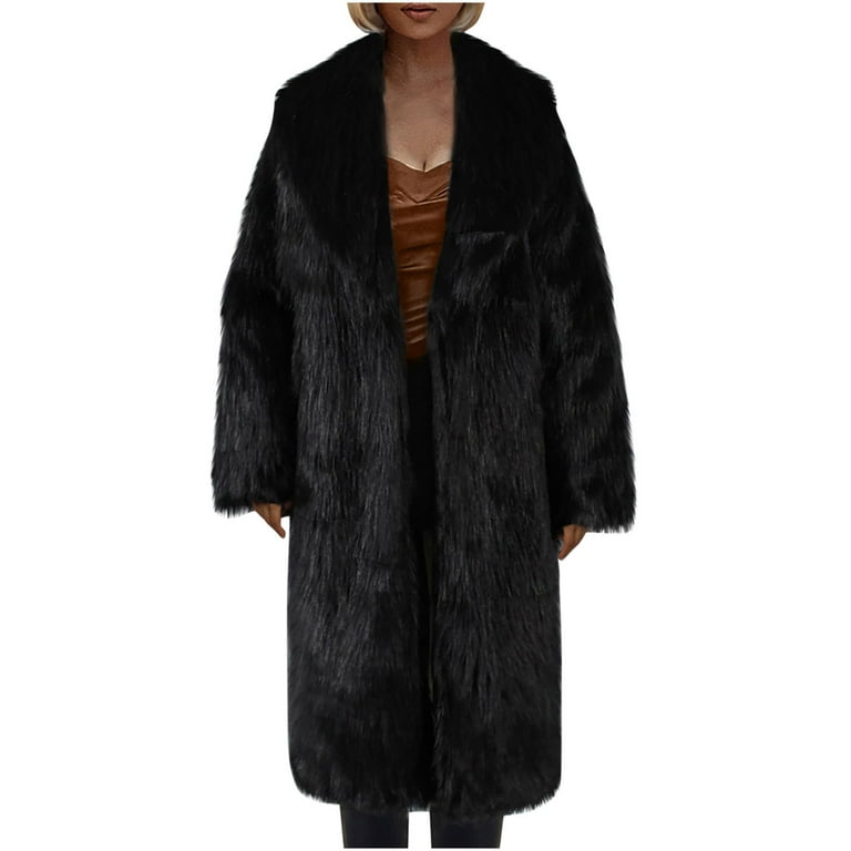 symoid Womens Faux Fur Coats & Jackets- Ladies Warm Faux Fur Coat Jacket  Winter Solid Hooded Outerwear Black M