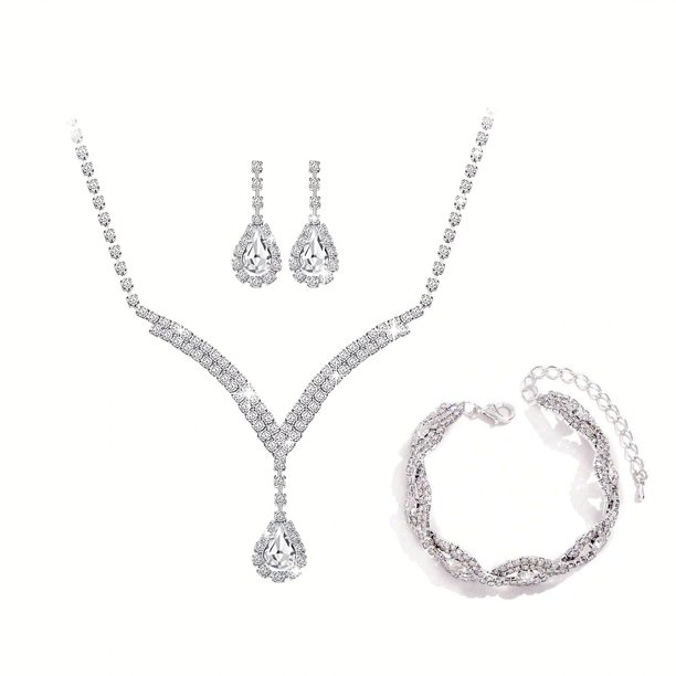 Nvzi Conjunto de joyería nupcial, collar de cristal, pulsera, pendientes, conjunto para novia, dama de honor, fiesta de graduación, conjunto de joyería, accesorios, B14