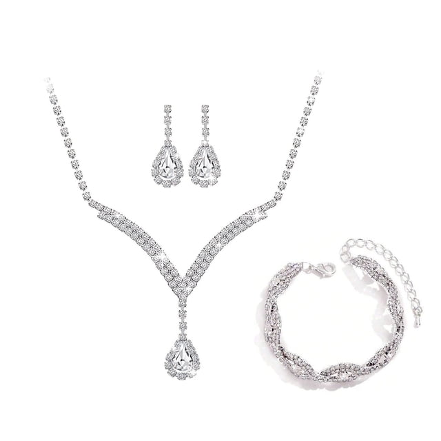 Nvzi Conjunto de joyería nupcial, collar de cristal, pulsera, pendientes, conjunto para novia, dama de honor, fiesta de graduación, conjunto de joyería, accesorios, B14