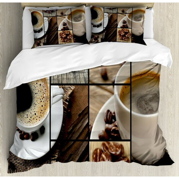 Brown Duvet Cover Set King Size, Coffee Themed Collage Close Up Mugs Beans on Wooden Table Aromatic Roasted Espresso Drink, Decorative 3 Piece Bedding Set with 2 Pillow Shams, Brown, by Ambesonne