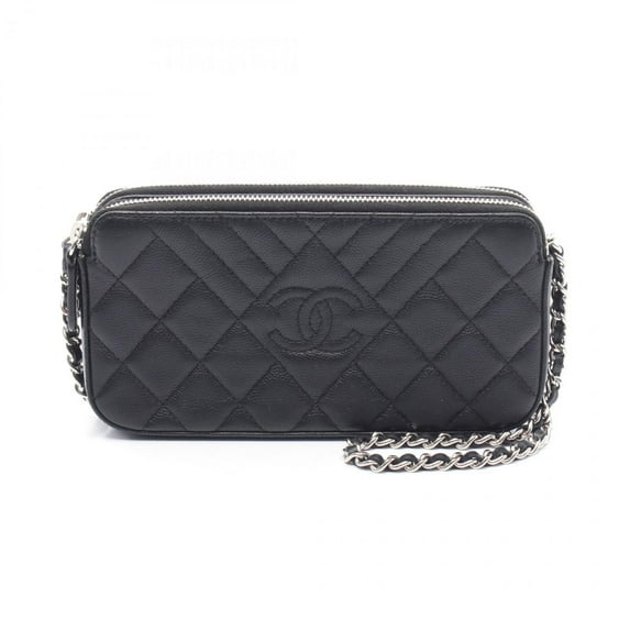 Pre-Owned CHANEL Double Zip Shoulder Bag in Grained Calfskin Leather, Black, Women's,... (Good)