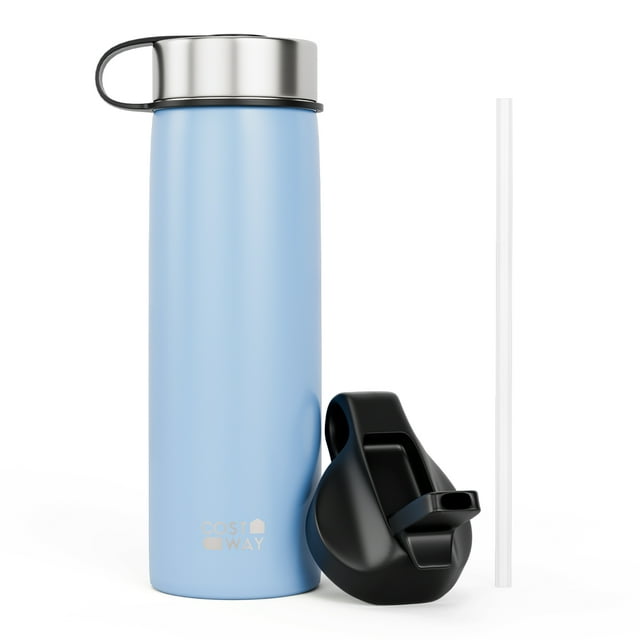 Costway 22 oz Double Wall Insulated Water Bottle Stainless Steel w/ 2 Lids & Straw