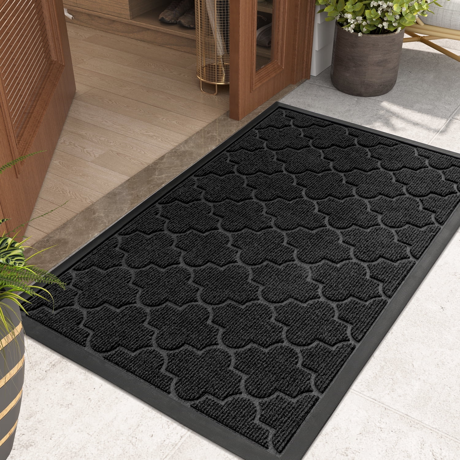 PABUBE Outdoor Door Mat Non Slip Backing Doormat,Low Profile Doormat Entry Rug, Outside Floor Mat for Entryway, Black, 24" x 36"