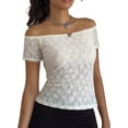 thumbnail image 2 of Musuos Women Off Shoulder Lace T-Shirts Short Sleeve Boat Neck Summer Casual Slim Fit Tops Streetwear, 2 of 8