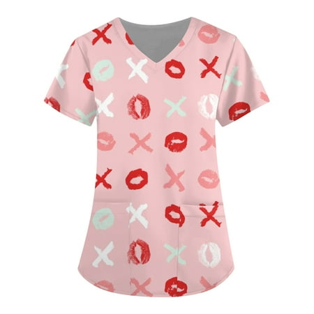 

XHJUN Scrub Tops Women Healing Hands Scrubs for Women Cute Animal Love Heart Floral Print Scrubs Tops Pink XXXL