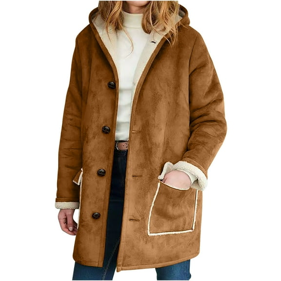 Lovskoo 2024 Women's Faux Suede Fleece Jacket Winter Warm Composite Plush Button Hooded Jacket Outwear Solid Color Coat Coffee