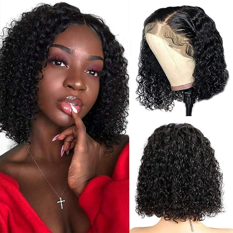 13x4 Bob Water Wave lace Front Wigs Human Hair Pre Plucked For Black Women 10 Inch Brazilian Hair Short Bob Lace Frontal Wigs 150 Density Natural Black Walmart
