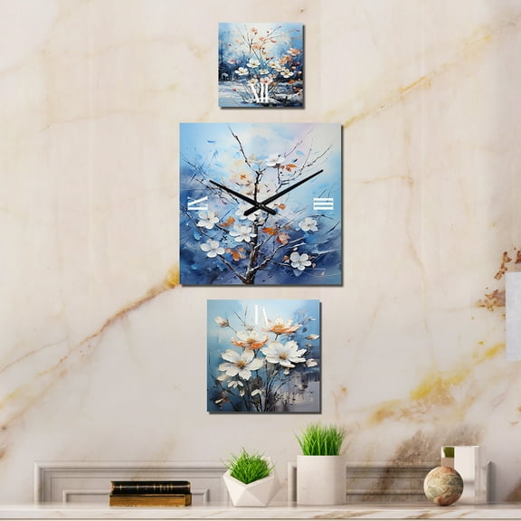 Designart "Harmony in Snowy Blooms" Snow Extra large Clock For Office Décor - Large Traditional Wall Clock - Oversized Blue Wall Clock - Set Of 3