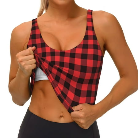 Qokaie Buffalo Plaid Red Black Pattern Womens Scoop Neck Sports Bra Breathable Workout Vest Padded U Back Medium Impact Fitness Gym Yoga Bra Workout Crop Top