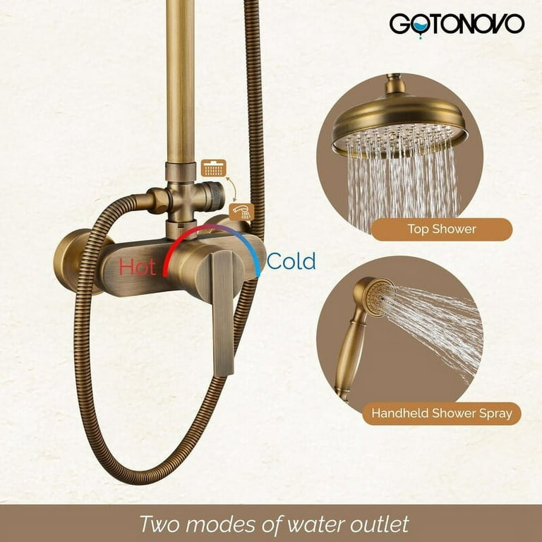 gotonovo Antique Brass Exposed Pipe Shower System 8 inch Dual Functions Head Solid Brass Diverter Overhead Rainfall Shower Fixture with Handheld Spray