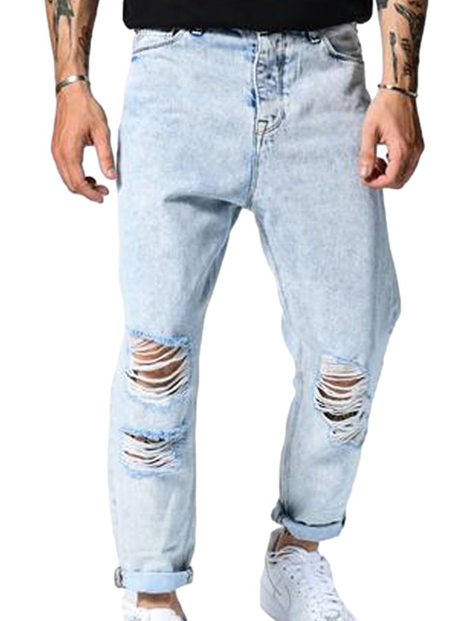 Mens Wide Legs Ripped Jeans Denim Pants 