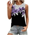 thumbnail image 2 of Tops for Women Plus Size Sleeveless Round Neck Floral Printed Casual T-Shirt Top Purple L, 2 of 5