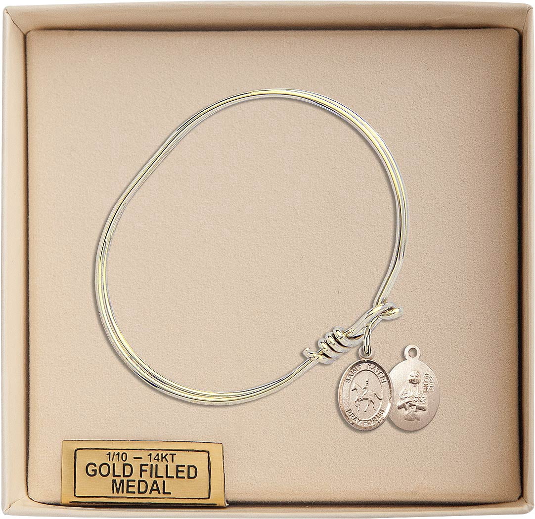 5 3/4 inch Oval Eye Hook Bangle Bracelet w/ St. Kateri/Equestrian in Gold-Filled