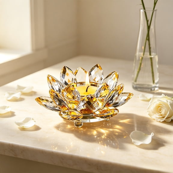 Steadline Glass Candlestick,Lotus Shaped Candle Holder With Stable Base,Translucent Tabletop Ornament For Dining Space Wedding Party Aromatherapy Layout And Indoor Ambient Decoration(Yellow)