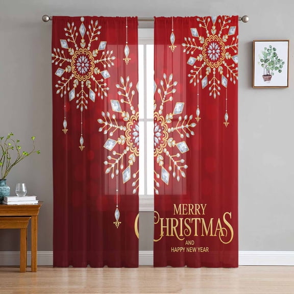 ERUNPONLY Christmas Snowflakes Sheer Curtains 84 Inch Length 2 Panels Set, Winter Xmas Flower Red Yellow New Year Voile Window Treatment Curtains Sheers for Bedroom/Living Room/Kitchen 52"x84"x2