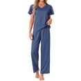 thumbnail image 1 of Conjunto de pijama de satén sedoso para mujer INSPIRE CHIC de 2 piezas, con top de manga corta con volantes y pantalones largos, ropa de dormir y loungewear, M azul, 1 of 1