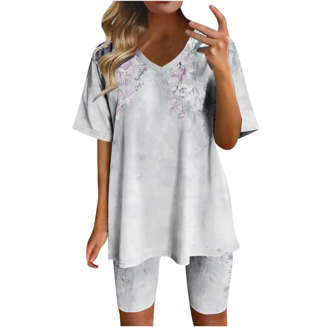 Blouses pour Femmes Ensembles d'Été Décontractés 2 Pcs avec Manches Courtes Col en V et Shorts Imprimés