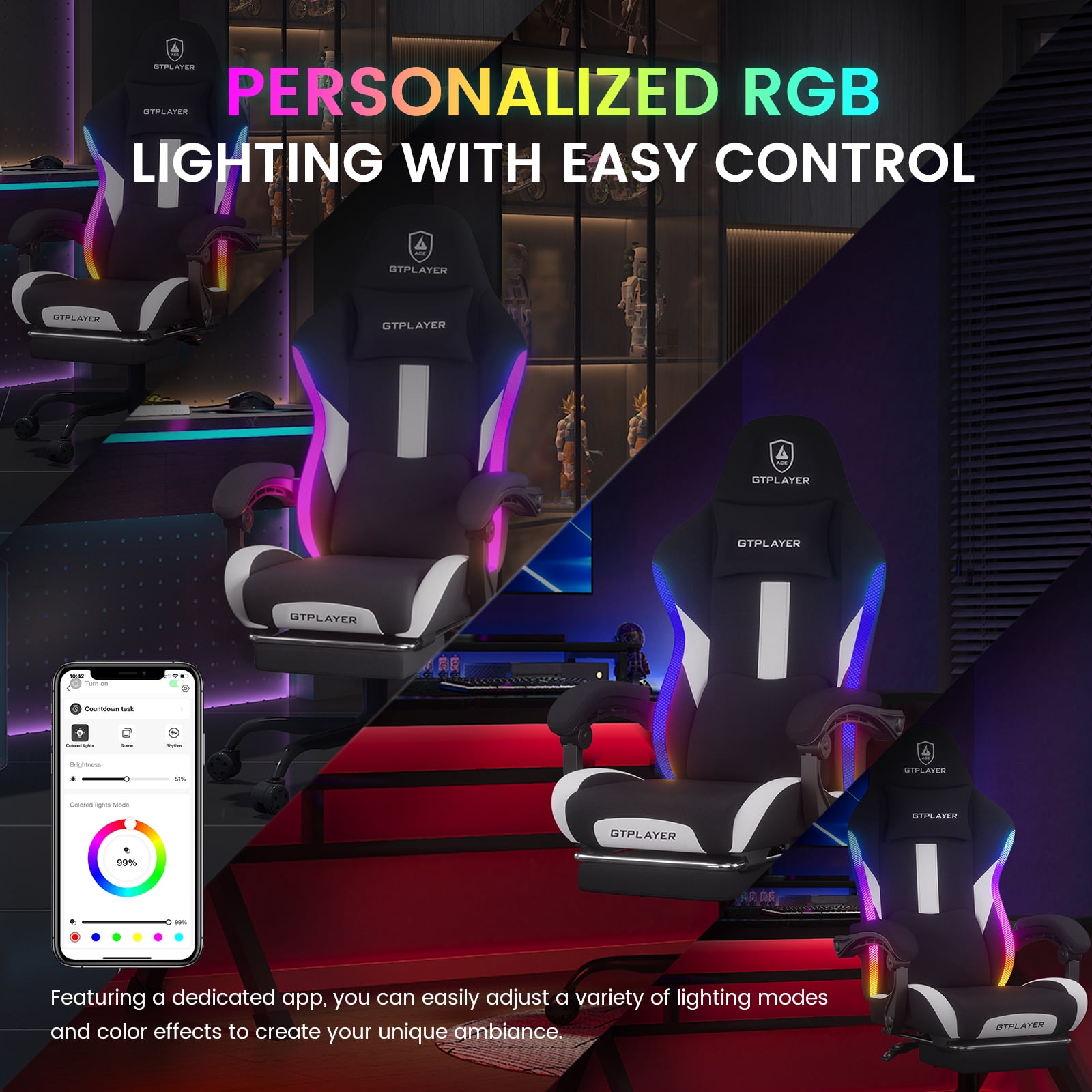 GTPLAYER RGB Gaming chair with footrest and Lumbar Support , Ergonomic LED Light Office Chair for Adults