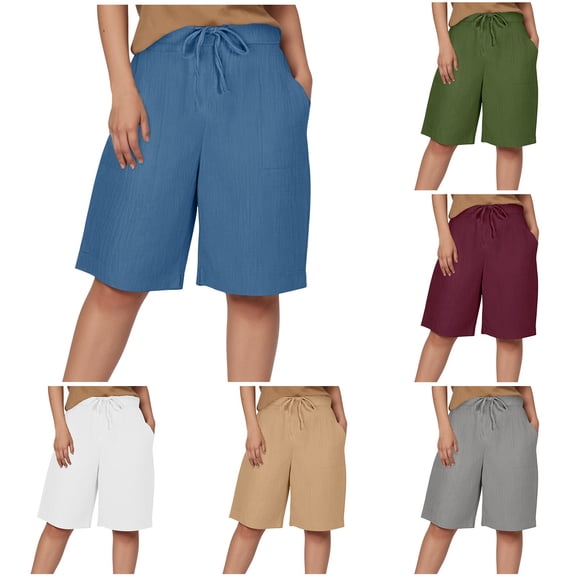 felwors Women's Elastic Drawstring Waist Linen Blend Wide Leg Shorts Summer Casual Culottes with Pockets (Green, XXL)