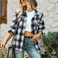 thumbnail image 3 of Woman Plaid Collared Shirt, Two Pockets Button Down V Neck Top Comfortable Button Cuffs  For Work For Autumn Red,Khaki,Green,Black White, 3 of 8