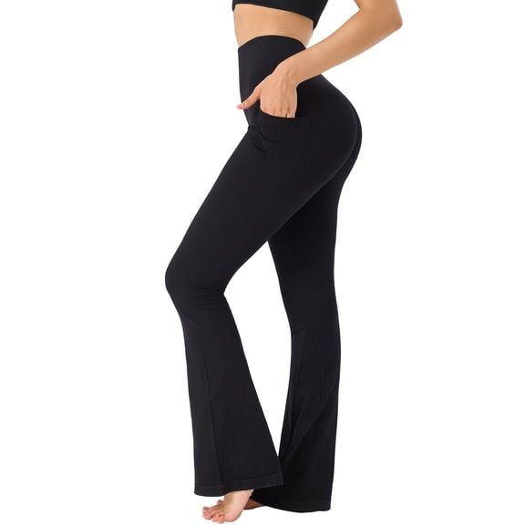 SHAPECQB Flare Leggings for Women V Back Scrunch High Waist Butt Lifting Bootcut Yoga Pants with Pockets Tummy Control High Stretch Ribbed Workout Pants Black S-2XL