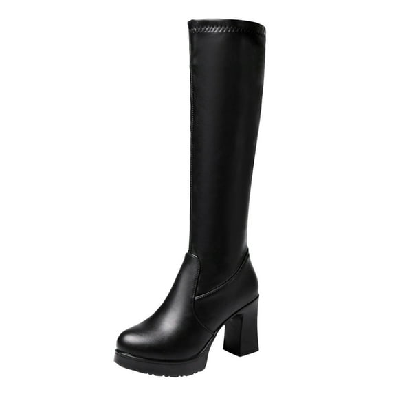 eileial Women's Faux Leather Tall Boots Fashion Square Toe Chunky Heel Knee High Boots with Side Zip,Black 7