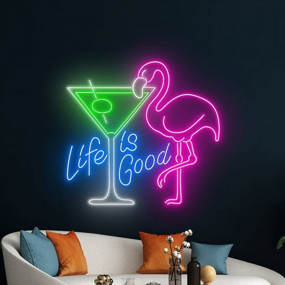 Handmadetneonsign Flamingo Martini Neon Sign, Martini Flamingo Neon Light, Cocktail Martini Light