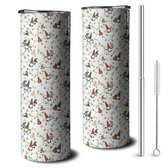 20oz White Christmas Gnome and Light Pattern Skinny Tumblers Stainless Steel Tumbler with Lid and Straw,Vacuum Insulated Double Wall Travel Tumbler Cups with Cleaning Brush for Coffee,Tea