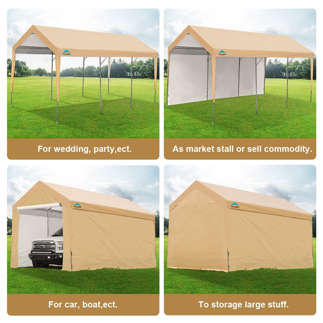 Beige Adjustable Heights from 9.5ft to 11.0ft ADVANCE OUTDOOR Adjustable 10x20 ft Heavy Duty Carport Car Canopy Garage Shelter Boat Party Tent Removable Sidewalls and Doors 