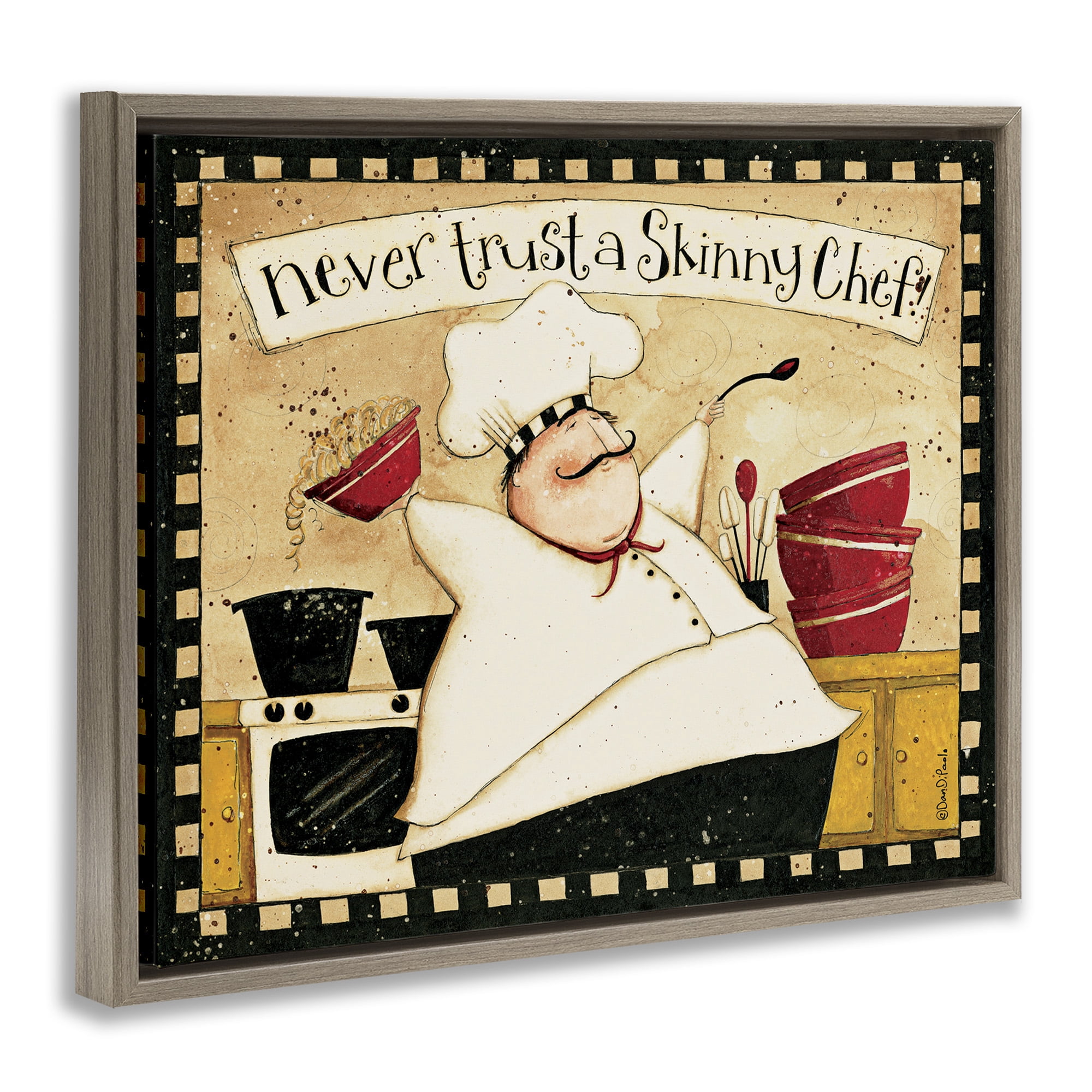 Stupell Industries Skinny Chef Funny Kitchen Food & Beverage Painting Brown Floater Framed Canvas Art Print Wall Art, 31 x 25