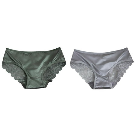 Lojoutye 2 Pack(Green 1PCS & Grey 1PCS) Multipack Underwear Women Women s Hollow Thin Strap Panties Comfortable Breathable Lace Sheer Panties Satin Stitching Briefs