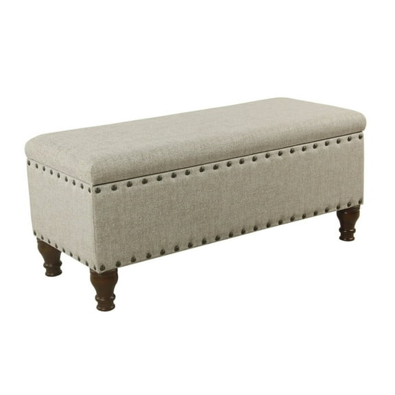 Textured Fabric Upholstered Wood StorageBench Nailhead Trim in Large Beige&Brown