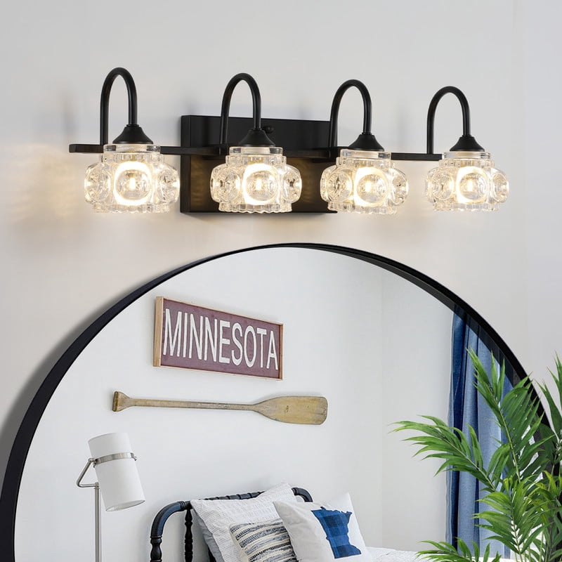 23" Retro 4-Light Bathroom Vanity Light Fixture, Black Bathroom Light with Crystal Glass Shades, Wall Mounted Bathroom Lighting Fixture Over Mirror, Vanity Light for Powder Room (Bulbs Not Included)